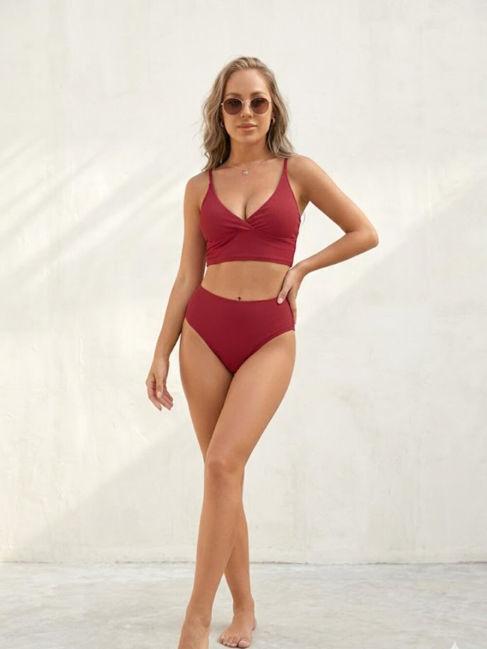 NWT Zaful Red Ribbed Bikini Set L High Waisted Tankini Swimsuit Retro Adjustable